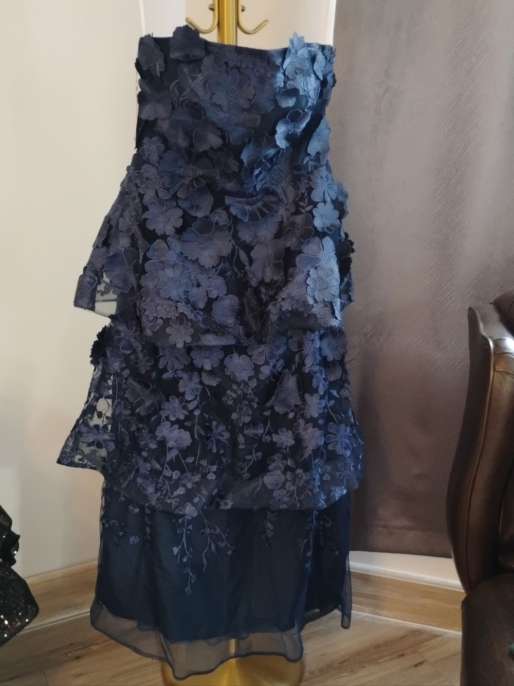 Navy Floral Appliqué Strapless Evening Gown